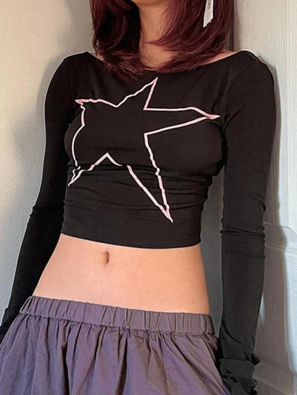 Star Print Cropped Backless Long Sleeve Tee - AnotherChill