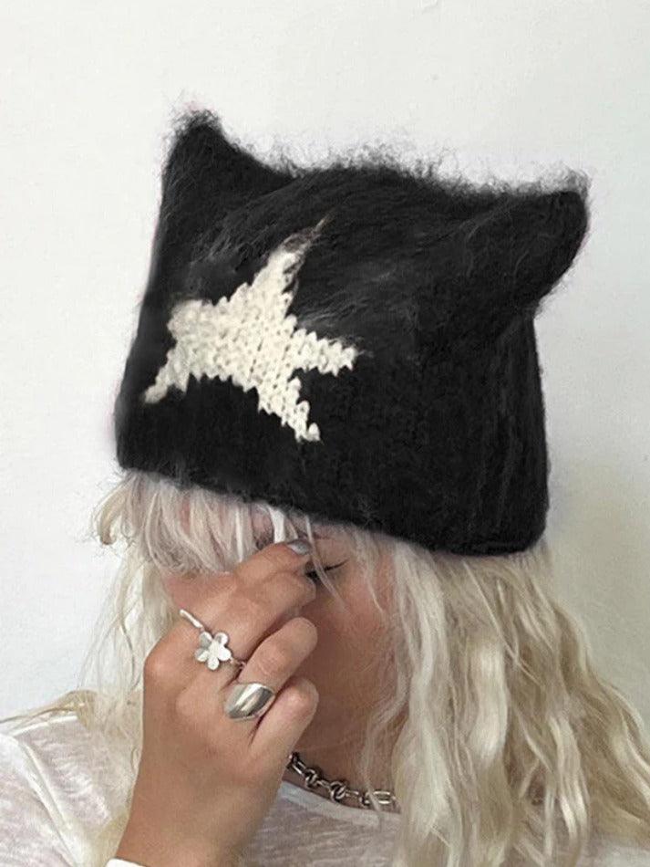 Contrast Color Star Cat Ear Styling Beanie Hat - AnotherChill