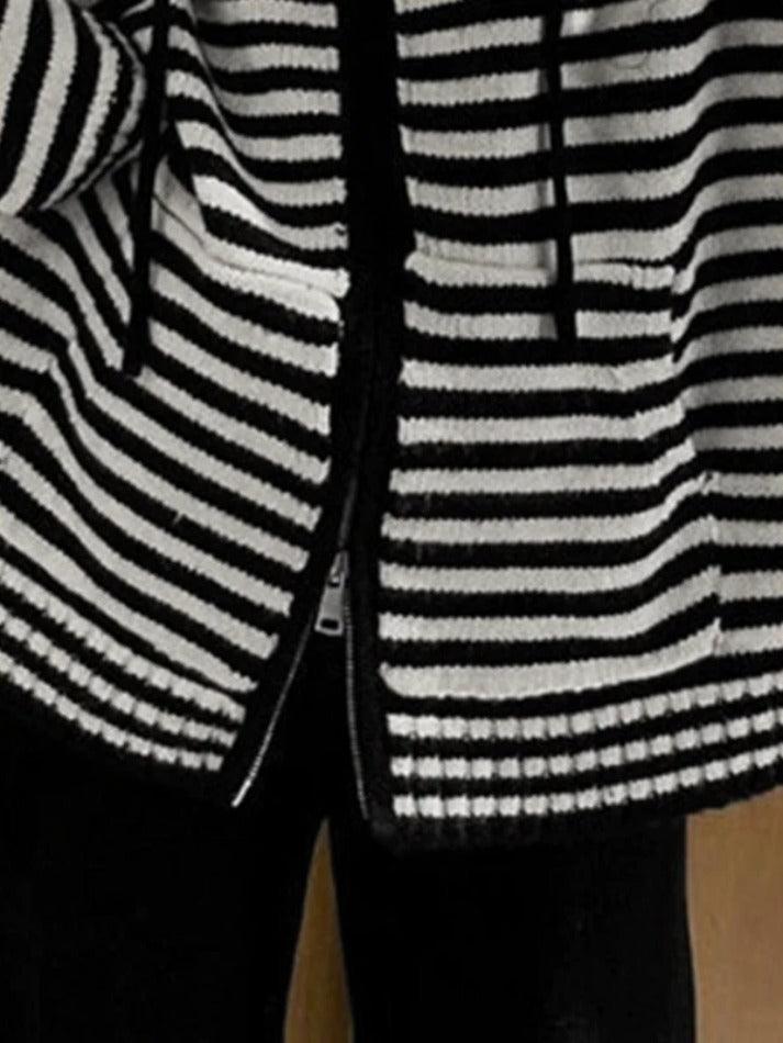 Striped Hooded Double Zip Knit Cardigan - AnotherChill