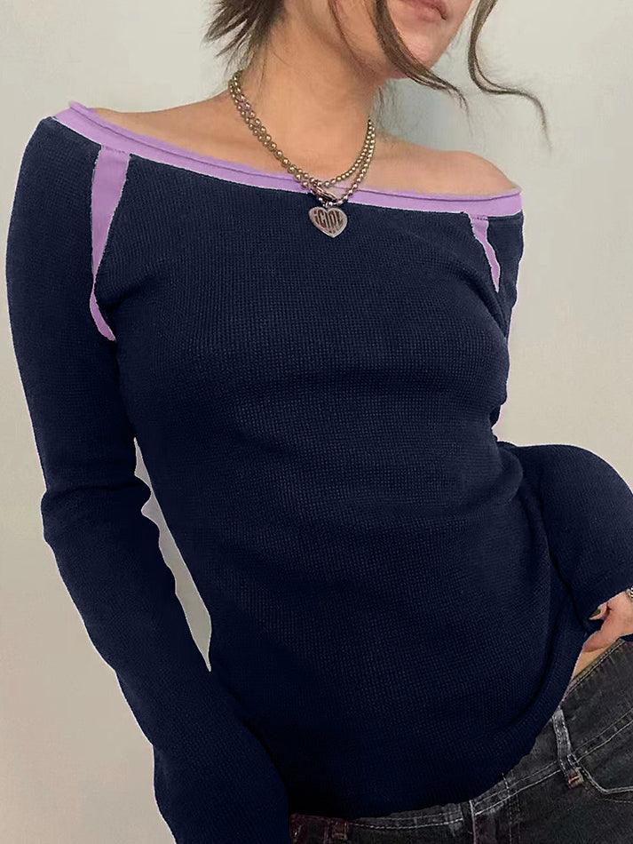 Contrast Color Off Shoulder Long Sleeve Tee - AnotherChill