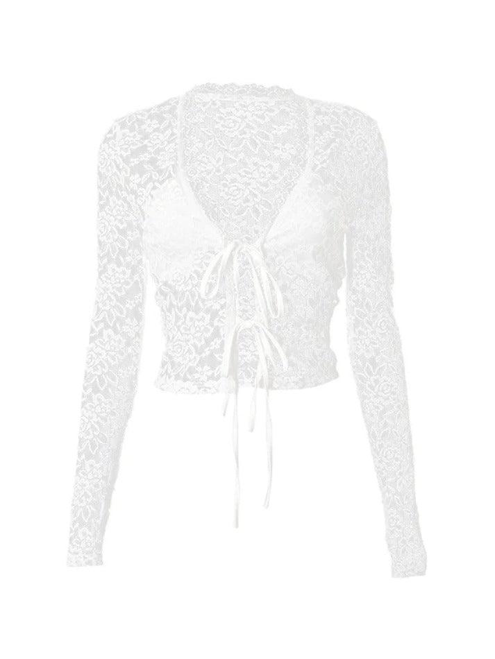Lace Tie Front Cardigan Long Sleeve Blouse - AnotherChill