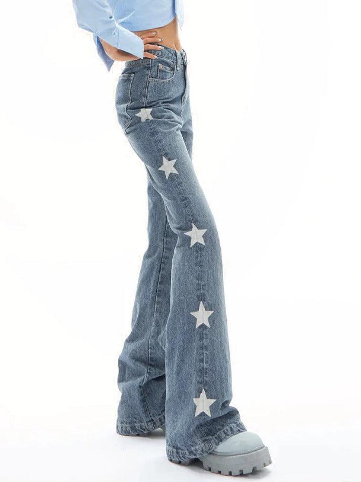 Vintage Star Print High Rise Flare Jeans - AnotherChill