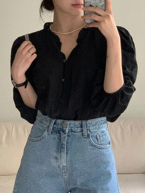 Button Front Pleated Long Sleeve Blouse - AnotherChill