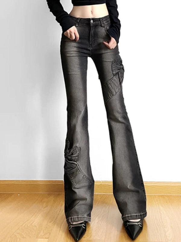 High Rise Ruched Bow Flare Jeans - AnotherChill