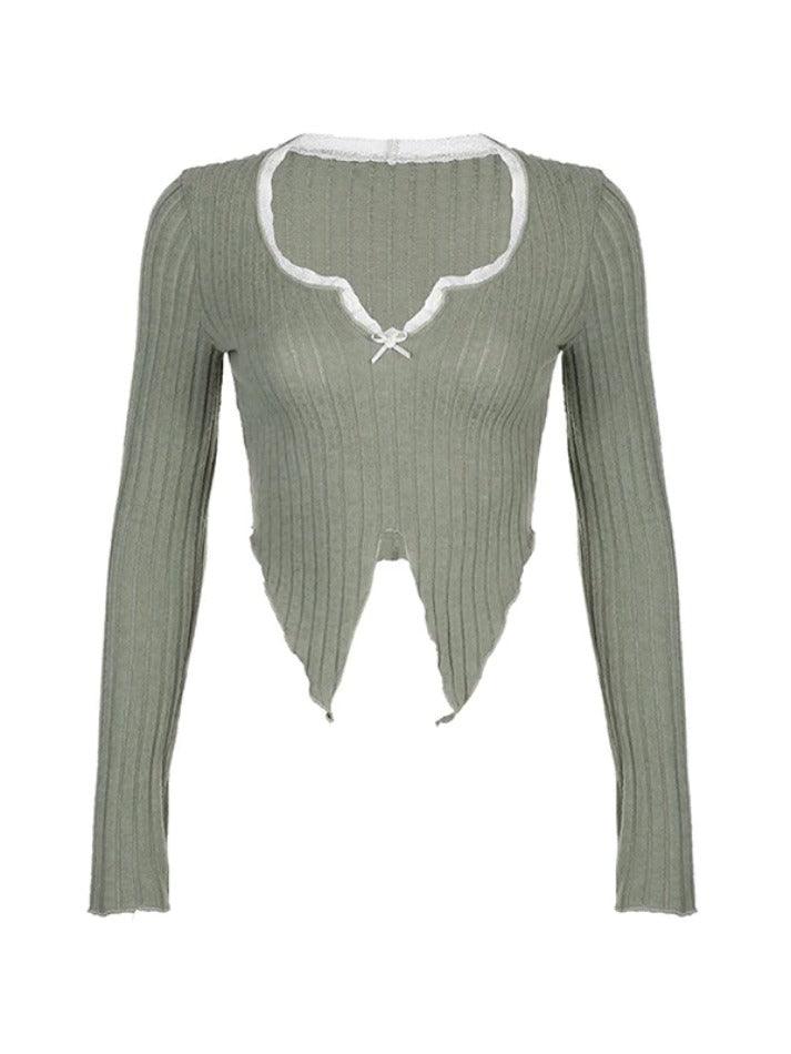 Lace Trim Notch Neck Irregular Cropped Long Sleeve Knit - AnotherChill