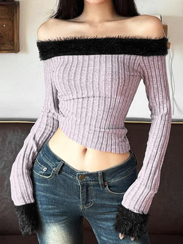 Fuzzy Trim Off Shoulder Cropped Long Sleeve Knit - AnotherChill