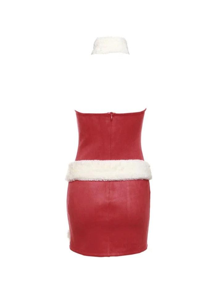 Solid Bandeau With Fuzzy Belted Choker Mini Dress - AnotherChill