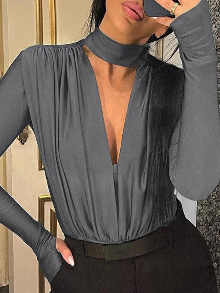 Solid Plunge Neck Splice Thumb Hole Bodysuits - AnotherChill