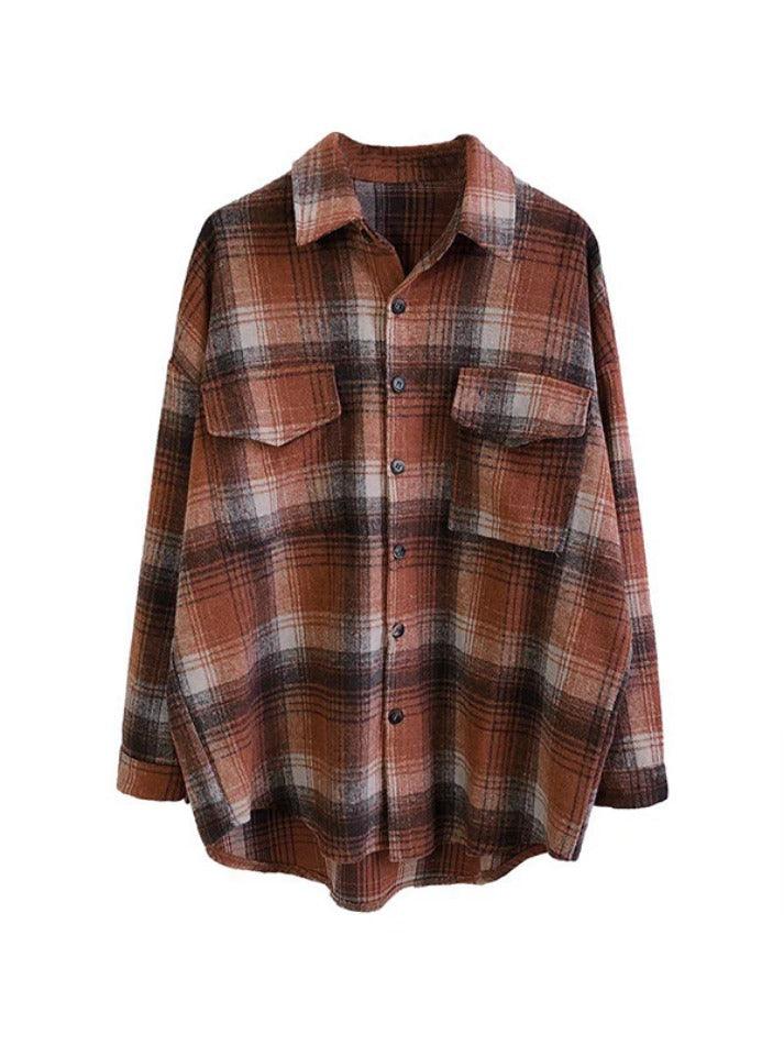 Vintage Plaid Brushed Long Sleeve Blouse - AnotherChill