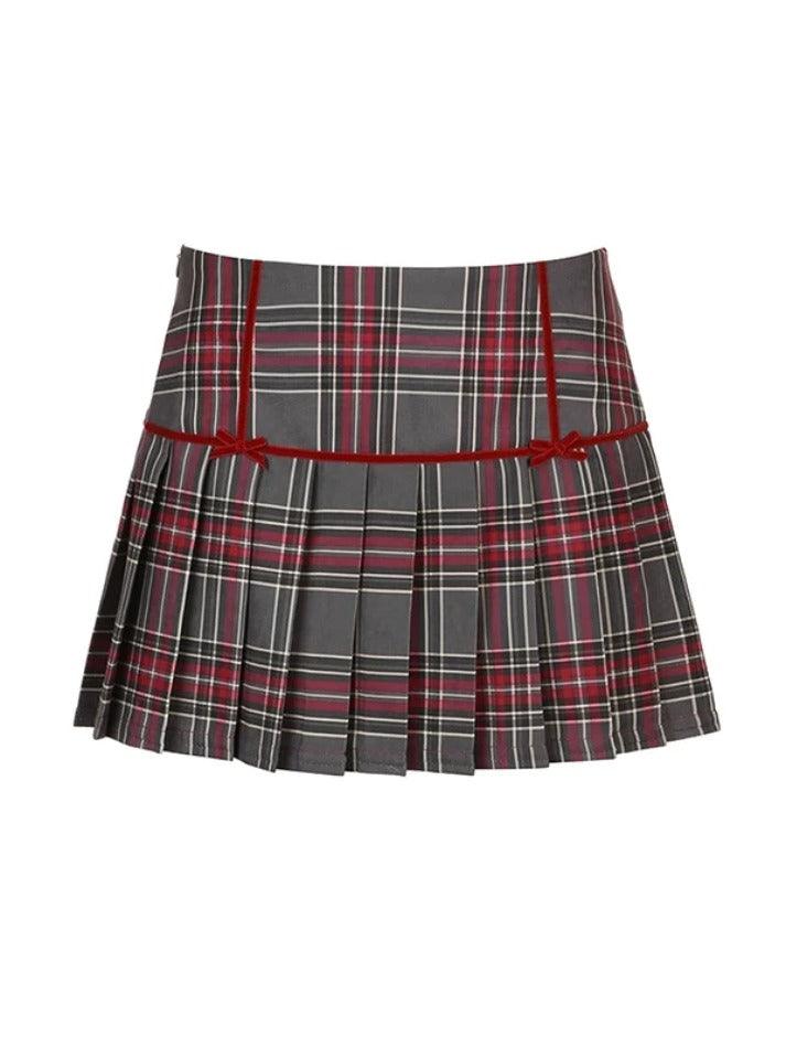 Vintage Plaid Print Bow Decor Pleated Low Rise Mini Skirt - AnotherChill