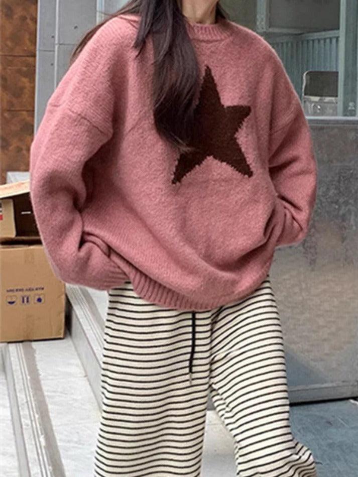 Vintage Star Jacquard Crew Neck Sweater - AnotherChill