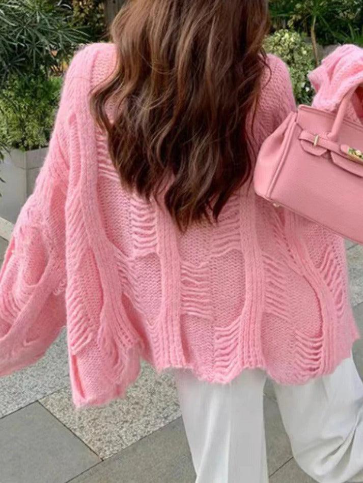 Solid Cutout Loose Knit Sweater - AnotherChill