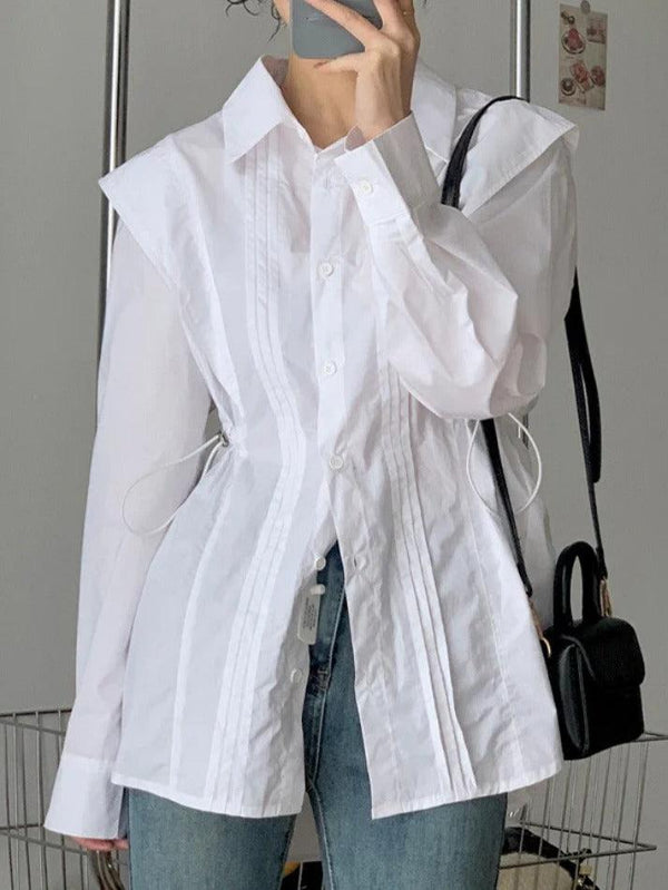 Pleated Drawstring Long Sleeve Blouse - AnotherChill