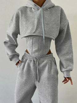 Solid Corset Tank Top Short Hoodie & Drawstring Sweatpants Set - AnotherChill