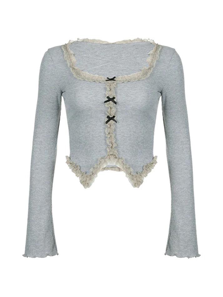 Square Neck Crossover Lace Trim Long Sleeve Knit - AnotherChill