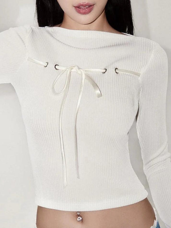 Ribbed Bow Lace Up Flare Long Sleeve Knit - AnotherChill