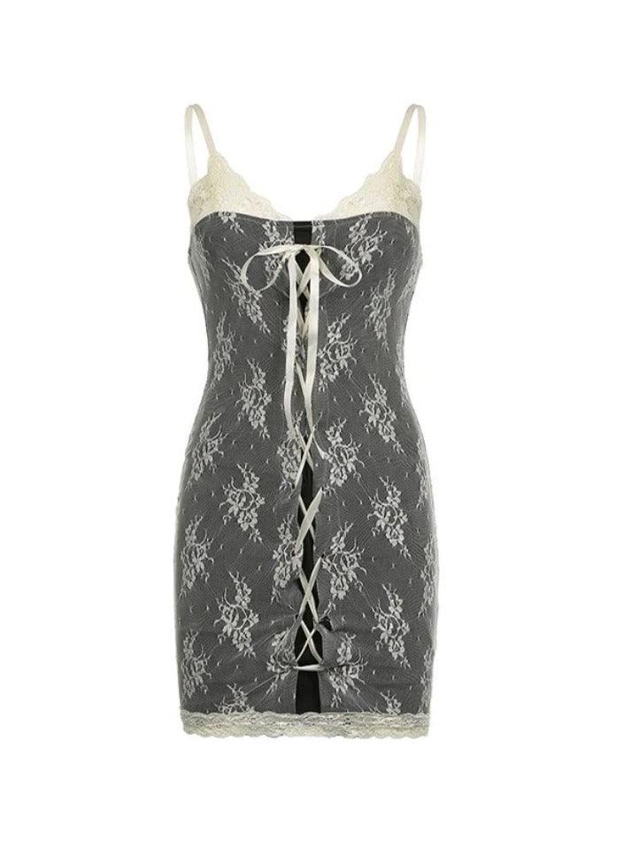 Lace Trimming Color Matching Cross Tie V Neck Slip Mini Dresses - AnotherChill