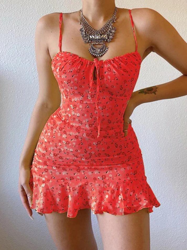 Floral Suspender Chest With Cutout Mini Dress - AnotherChill