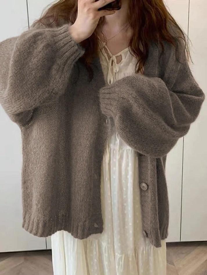 Mohair Solid Lantern Sleeve Baggy Cardigan - AnotherChill