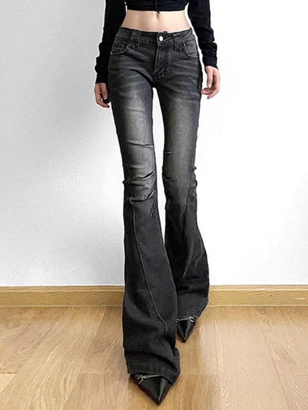 Street Distressed Ruched Splice Low Rise Flare Jeans - AnotherChill
