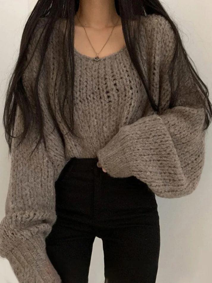 Cutout Lantern Sleeve Baggy Sweater - AnotherChill