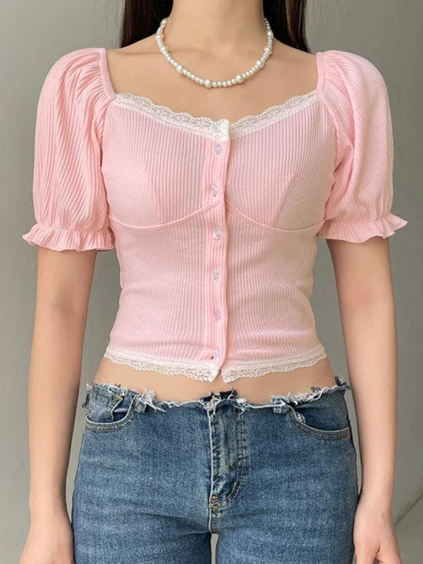 Puff Sleeve Pink Slim Short Sleeve Knits - AnotherChill