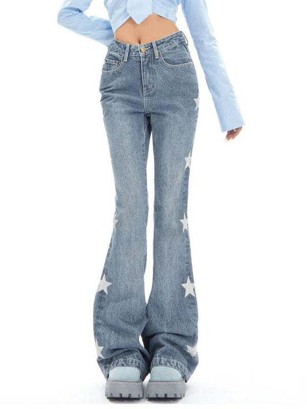 Vintage Star Print High Rise Flare Jeans - AnotherChill