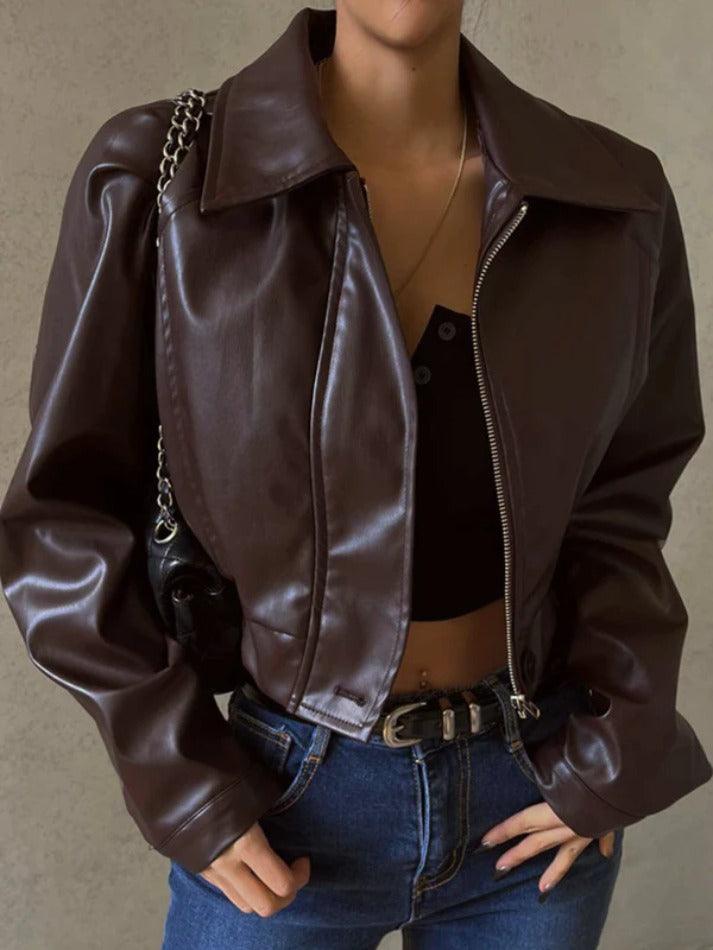 Vintage Brown Lapel Neck Zip Up Short Jacket - AnotherChill