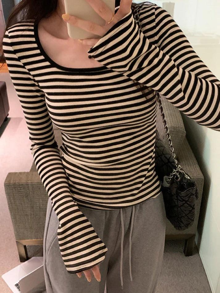 Striped Print Square Neck Slim Long Sleeve Tee - AnotherChill