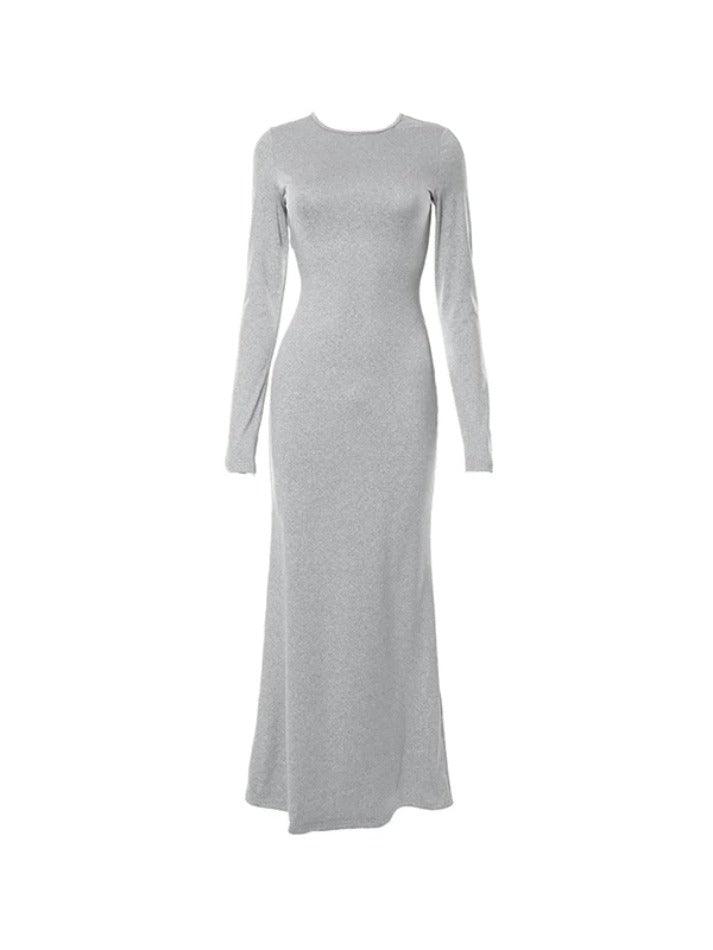 Solid Crew Neck Long Sleeve Mermaid Maxi Dress - AnotherChill