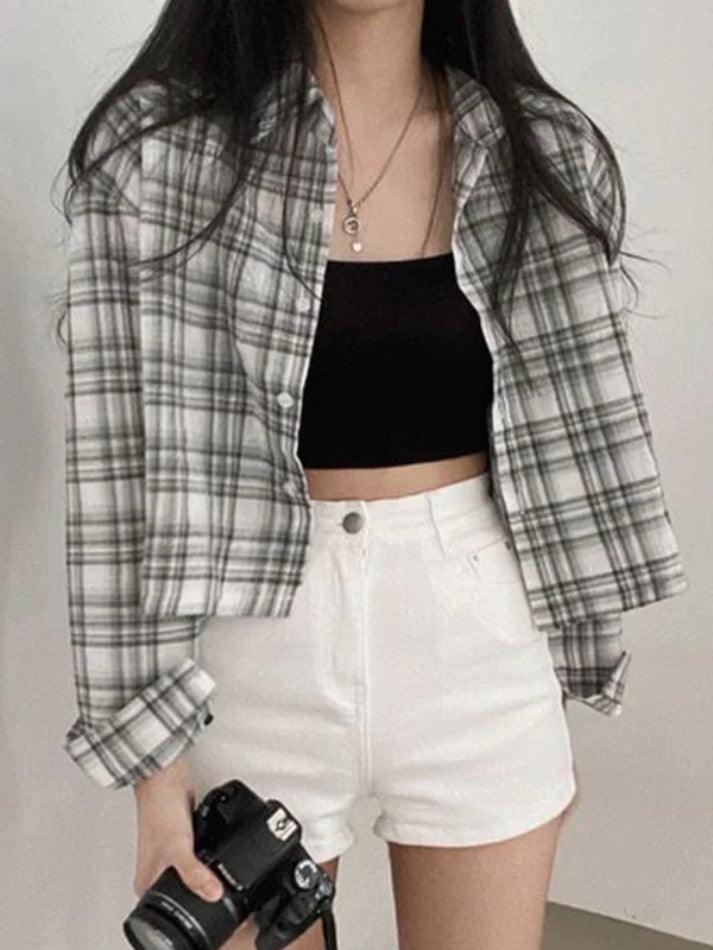 Vintage Plaid Short Loose Long Sleeve Blouse - AnotherChill