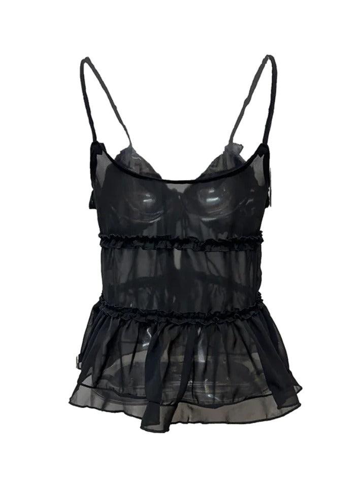 See Through Ruffled Trim Tie Up Cami Top - AnotherChill