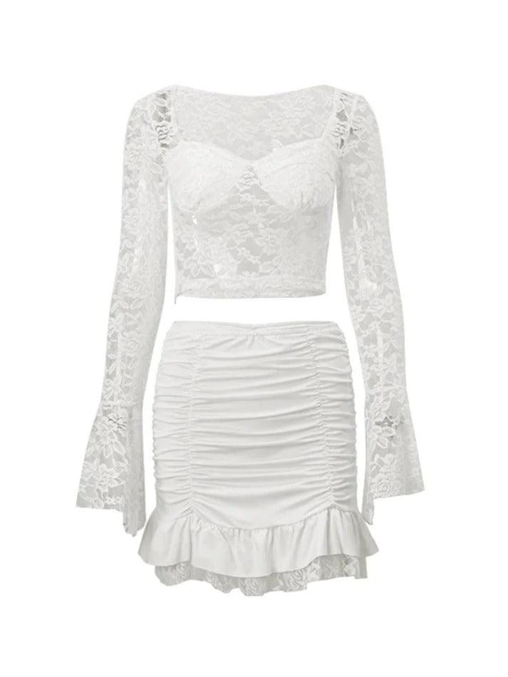 Lace Low Cut Square Neck Tee & Ruched Mini Skirt Set - AnotherChill