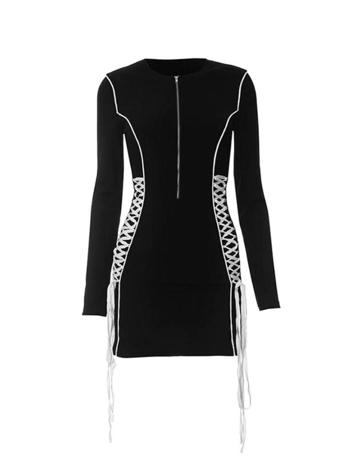 Contrast Color Line Tie Up Zip Up Mini Dress - AnotherChill