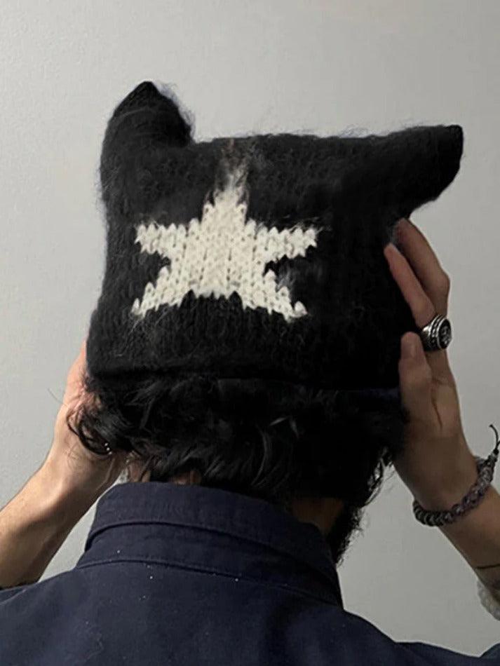 Contrast Color Star Cat Ear Styling Beanie Hat - AnotherChill