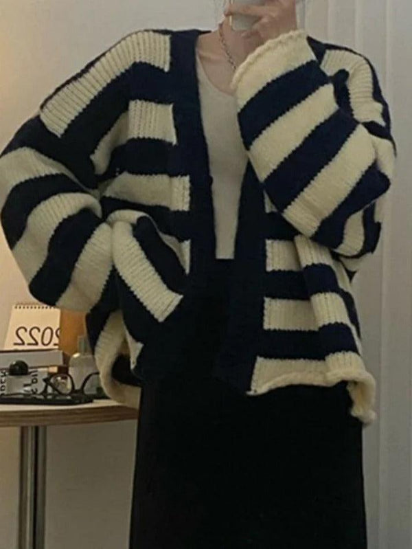 Contrast Color Striped V Neck Rolled Loose Knit Cardigan - AnotherChill