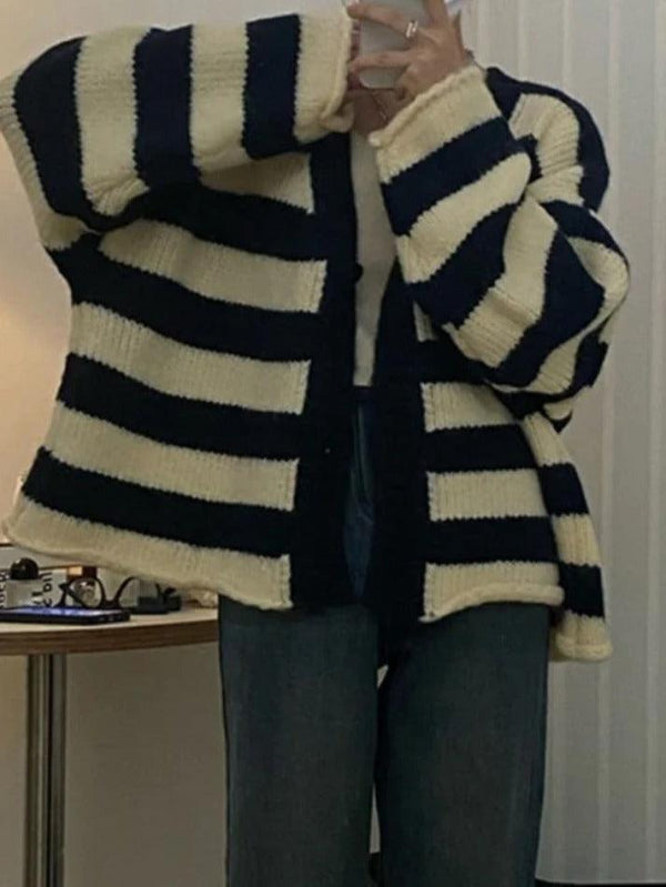 Contrast Color Striped V Neck Rolled Loose Knit Cardigan - AnotherChill