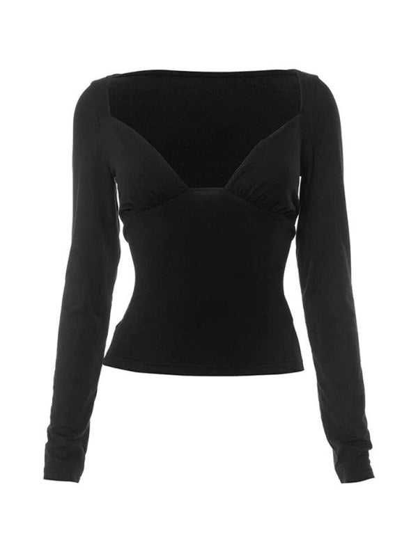 Solid Splice Cutout Backless Long Sleeve Tee - AnotherChill