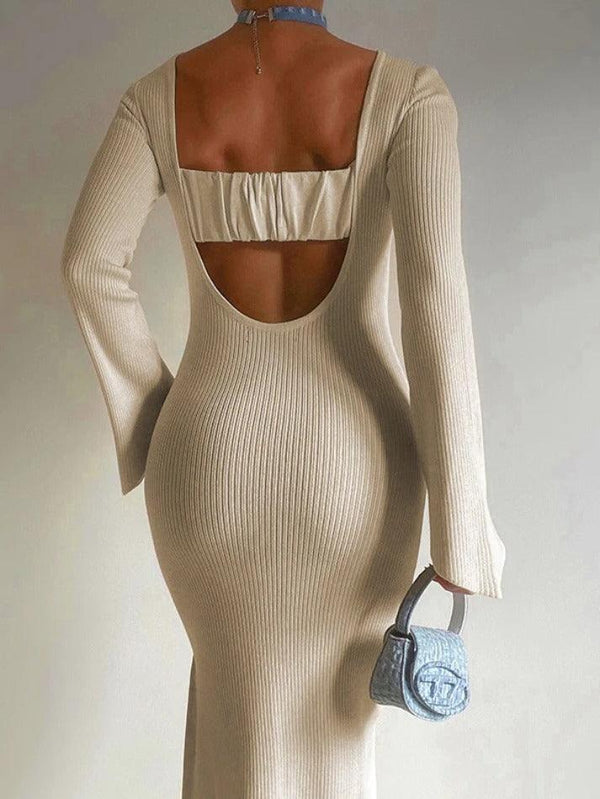 Solid Backless Crew Neck Long Sleeve Knit Midi Dress - AnotherChill
