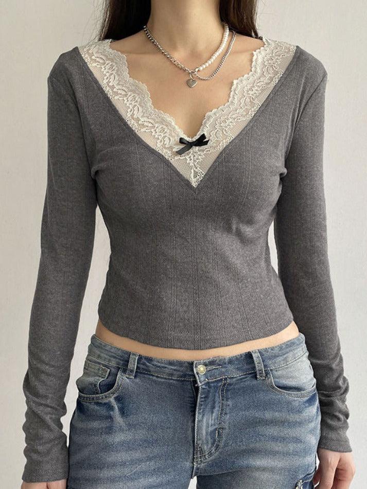 Lace Trim Splice V Neck Long Sleeve Knit - AnotherChill