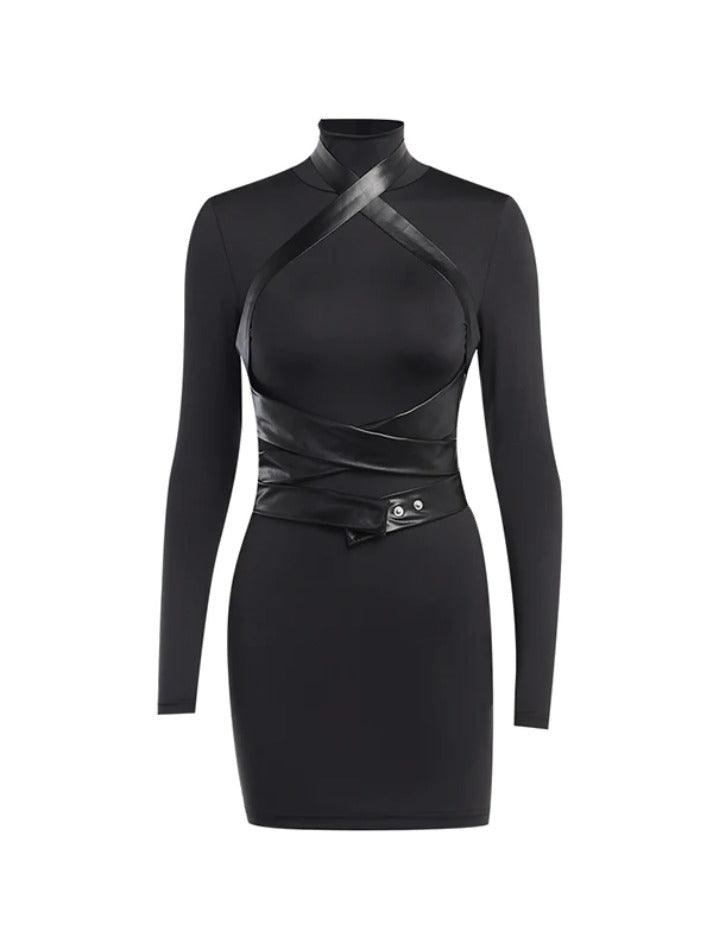 Leather Splice Long Sleeve Bodycon Mini Dress - AnotherChill