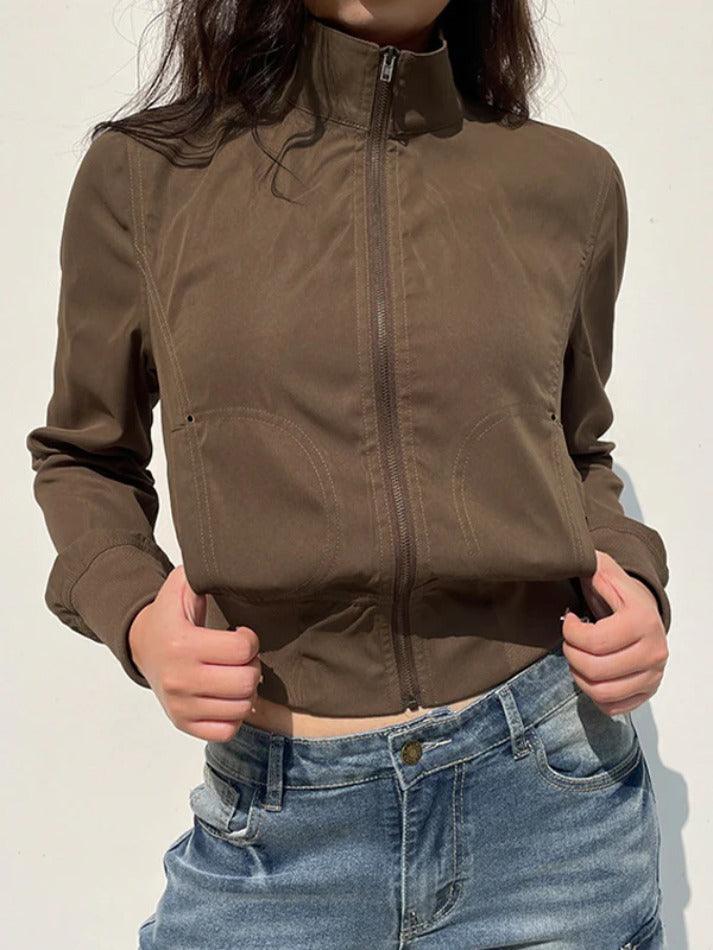 Vintage Brown Zip Up Slim Short Jacket - AnotherChill