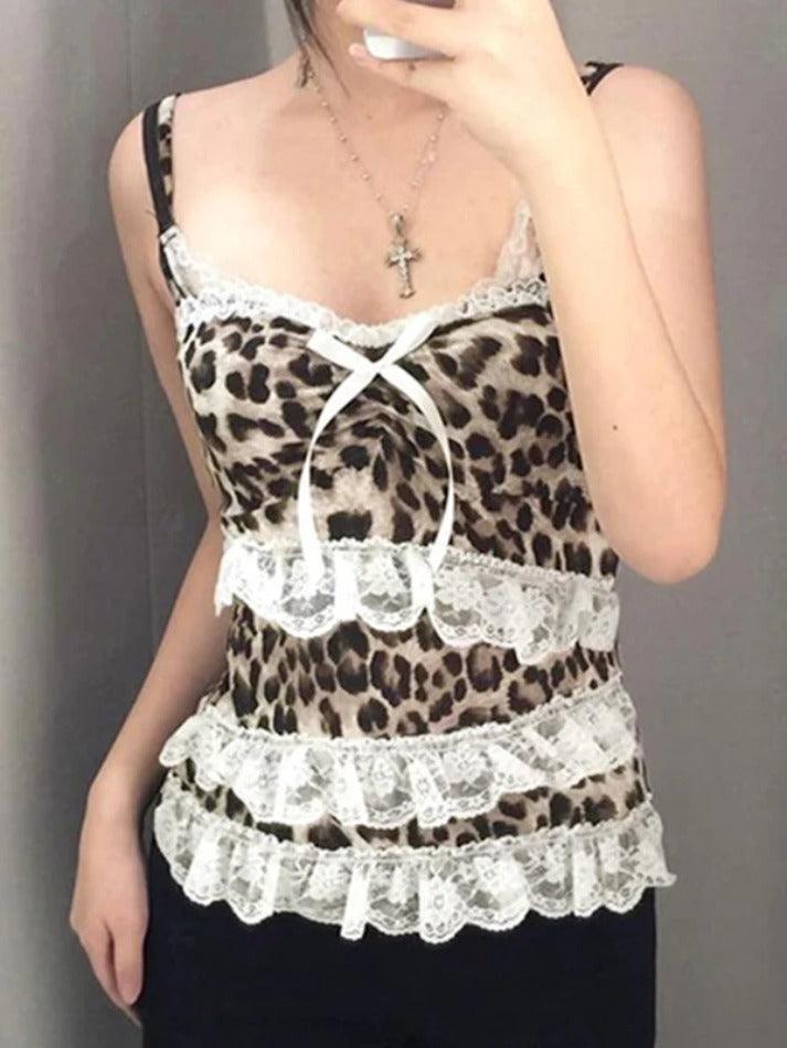 Leopard Print Lace Bow Splice Cami Top - AnotherChill