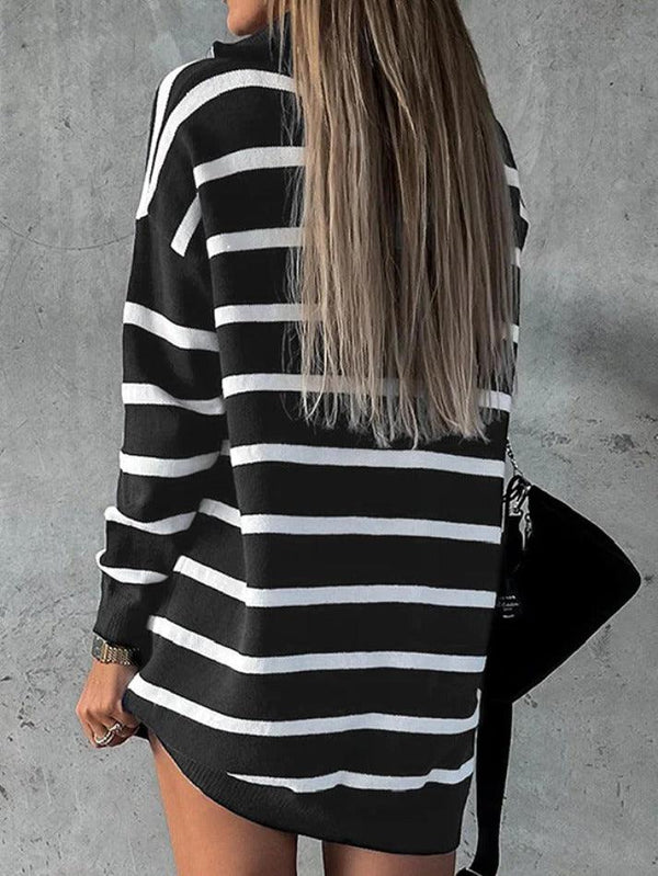 Striped V Neck Half Zip Loose Knit Sweater Dress - AnotherChill