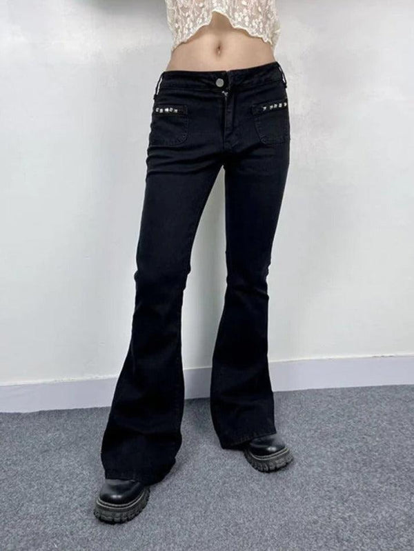 Low Rise Studded Elastic Flare Jeans - AnotherChill