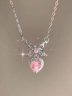 Sweet Glittering Bow Pink Heart Pendant Necklace - AnotherChill