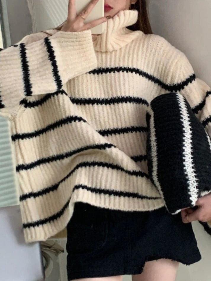 Turtleneck Striped Knit Sweater - AnotherChill