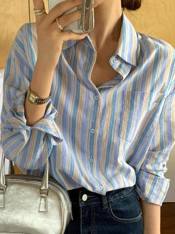 Contrast Color Striped Long Sleeve Blouse - AnotherChill