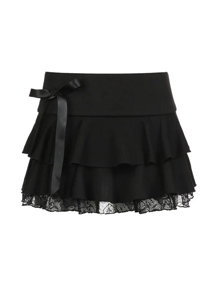 Bow Lace Splice Low Rise Tiered Mini Skirt - AnotherChill