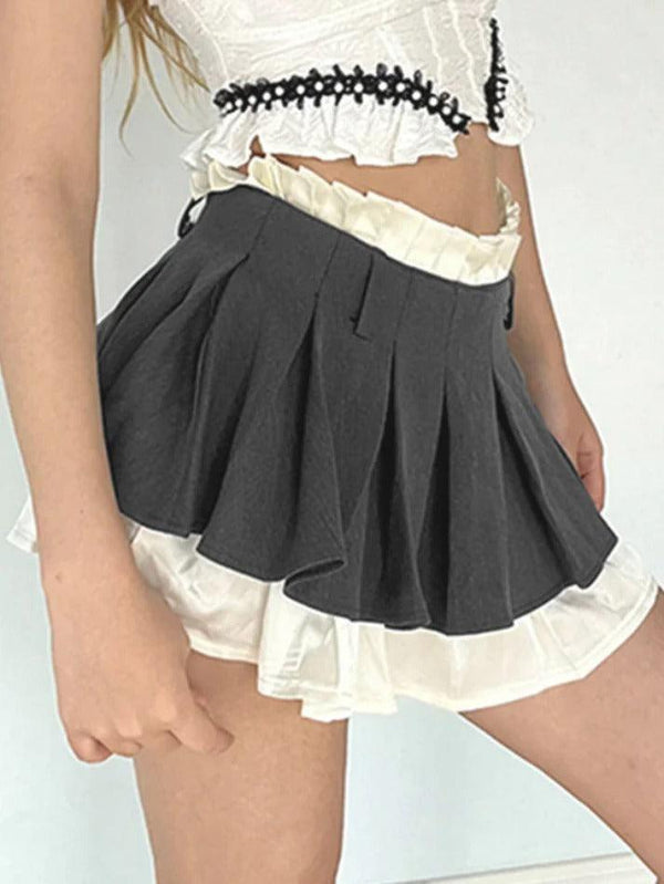 Contrast Paperbag Waist Splice Pleated Mini Skirt - AnotherChill